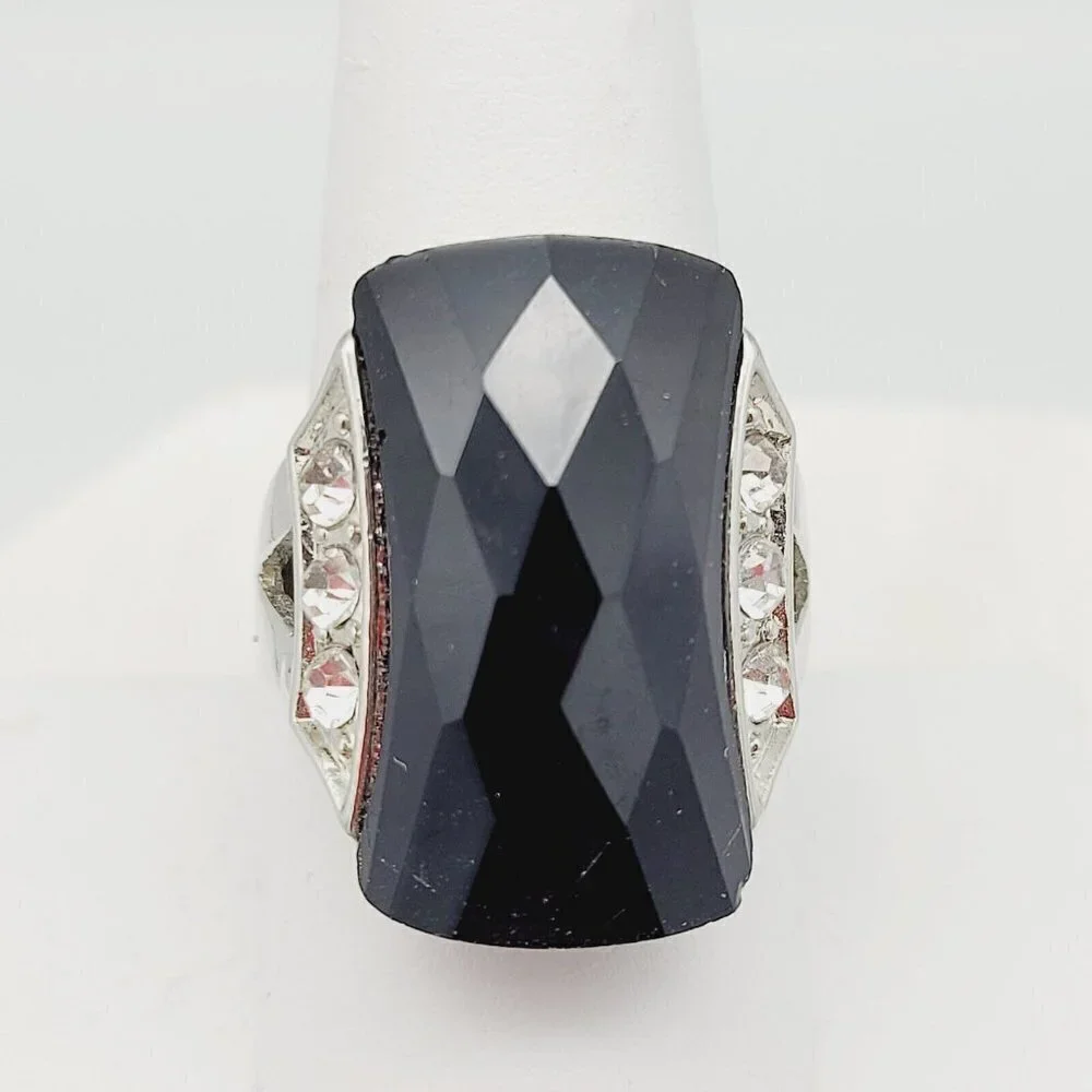 Domed Black Faceted Glass & Rhinestone Statement Ring Sz 9 Silver Tone Rectangle